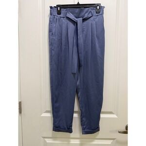 I Love Dusty Blue Satin Paperbag Waist Tapered Cuffed Pants High Rise Pleated